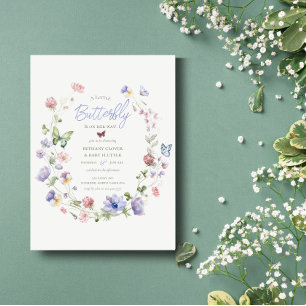 Lila Wildflower Butterfly Baby shower Invitation Kaart