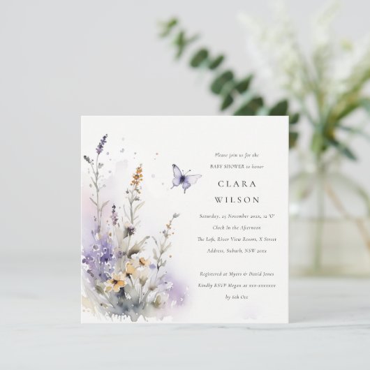Lila Wildflower Butterfly Garden Baby shower Kaart (Staand voorkant)