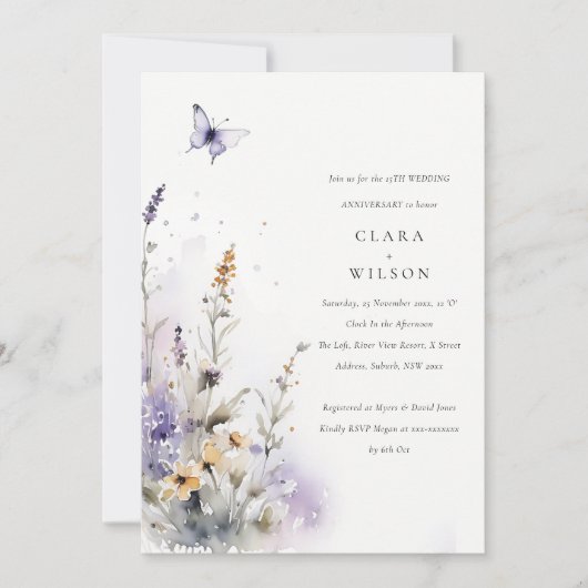 Lila Wildflower Butterfly Garden Jubileum Kaart (Voorkant)