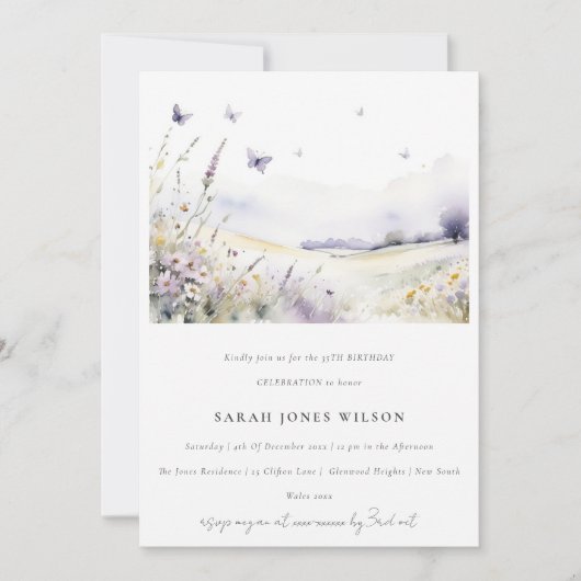 Lila Wildflower Butterfly Landscape Verjaardag Kaart (Voorkant)