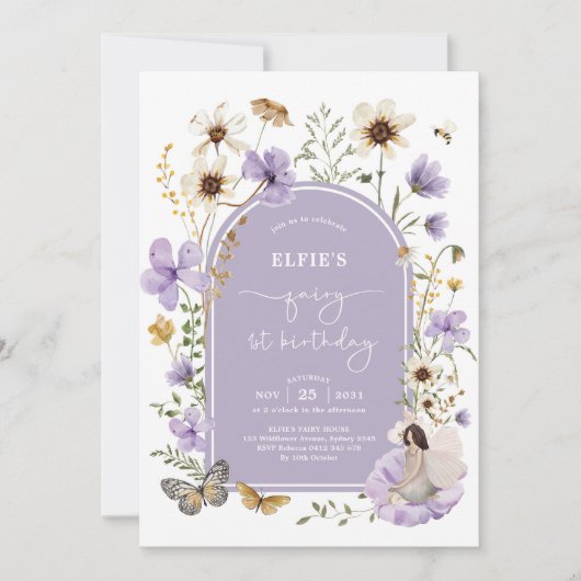 Lila Wildflower Fairy Eerste Verjaardagstuinfeest Kaart (Voorkant)