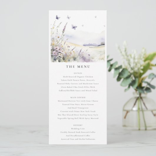 Lila Wildflower Field Vlinder Bruiloft Menu Kaart (Staand voorkant)