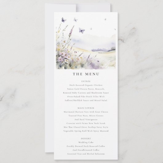 Lila Wildflower Field Vlinder Bruiloft Menu Kaart (Voorkant)