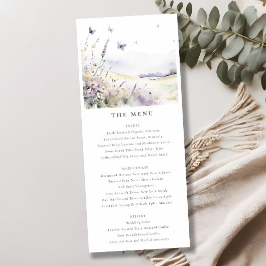Lila Wildflower Field Vlinder Bruiloft Menu Kaart