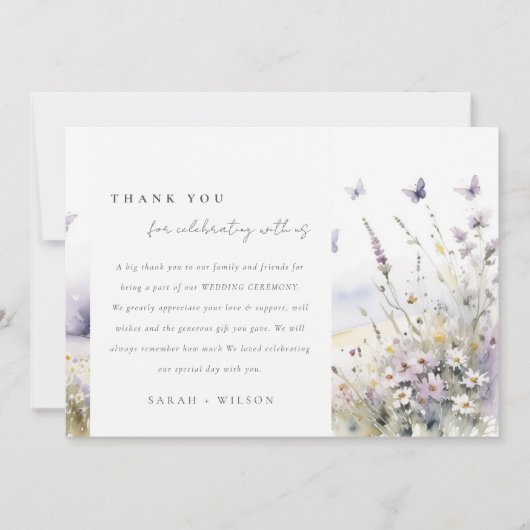 Lila Wildflower Field Vlinder Landscape Bruiloft Bedankkaart (Voorkant)