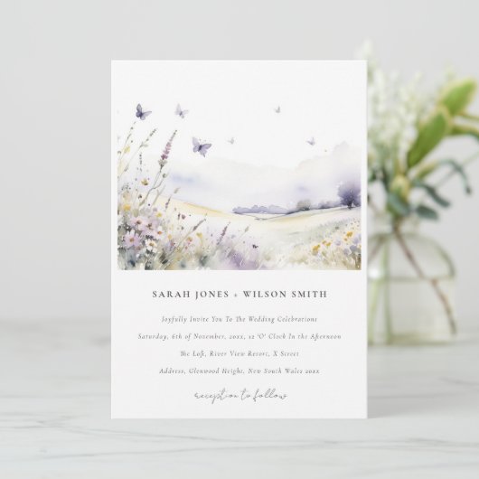 Lila Wildflower Field Vlinder Landscape Bruiloft Kaart (Staand voorkant)