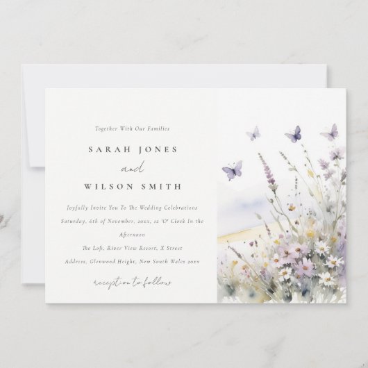 Lila Wildflower Field Vlinder Landscape Bruiloft Kaart (Voorkant)