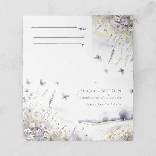 Lila Wildflower Field Vlinder Landscape Bruiloft Plaatskaartje (Buitenkant ongevouwen)