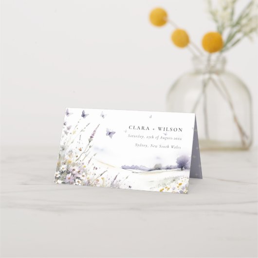 Lila Wildflower Field Vlinder Landscape Bruiloft Plaatskaartje (Voorkant)