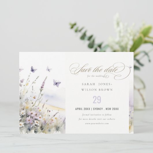 Lila Wildflower Field Vlinder Landscape Bruiloft Save The Date (Staand voorkant)