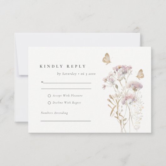 Lila Wildflower Varen Bladerwerk Waterverf Bruilof RSVP Kaartje (Voorkant)