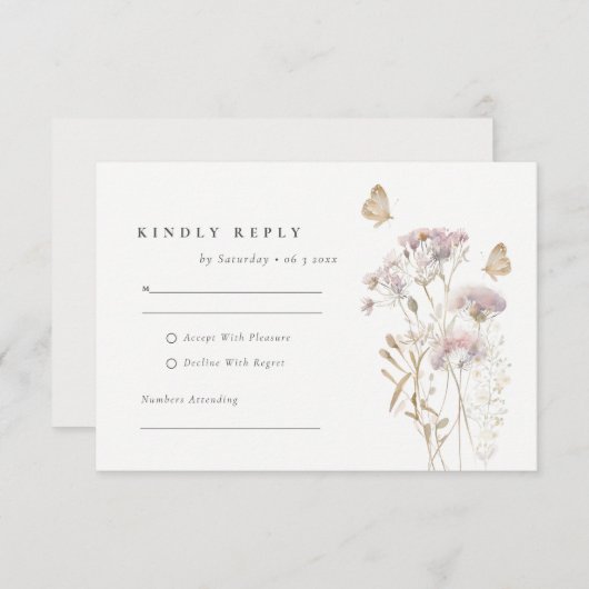 Lila Wildflower Varen Bladerwerk Waterverf Bruilof RSVP Kaartje (Voorkant / Achterkant)