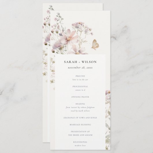 Lila Wildflower Varen Botanisch Huwelijksprogramma Kaart (Voorkant / Achterkant)