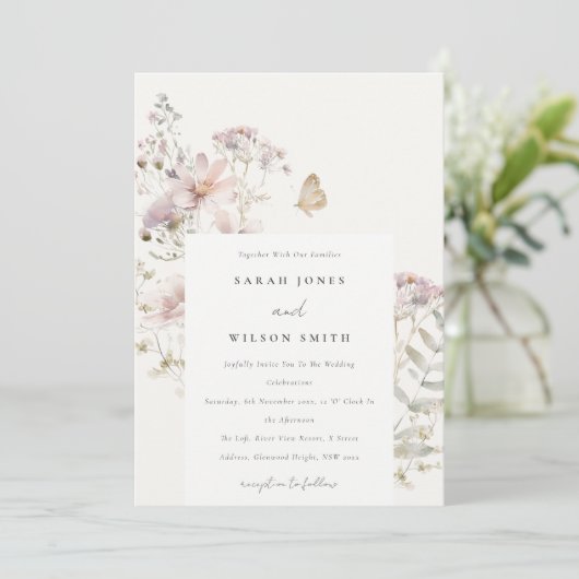 Lila Wildflower Varen Botanische Waterverf Bruilof Kaart (Staand voorkant)