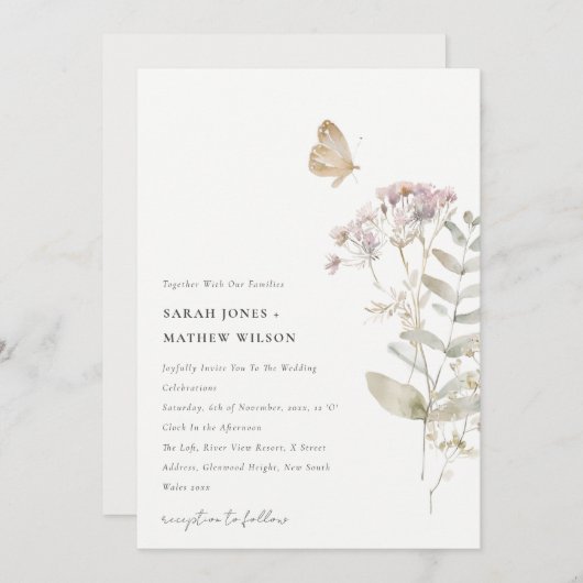Lila Wildflower Varen Botanische Waterverf Bruilof Kaart (Voorkant / Achterkant)