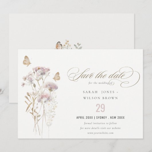Lila Wildflower Varen Botanische Waterverf Bruilof Save The Date (Voorkant / Achterkant)