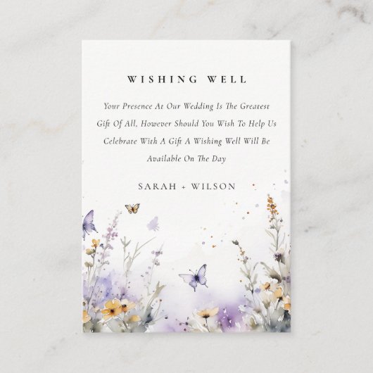 Lila Wildflower Vlinder Bruiloft Wishing Well Informatiekaartje (Voorkant)