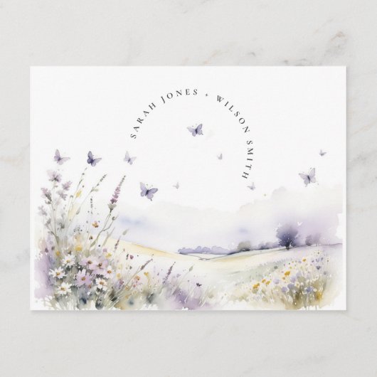 Lila Wildflower Vlinder Veldbruiloft Details Informatiekaartje (Achterkant)