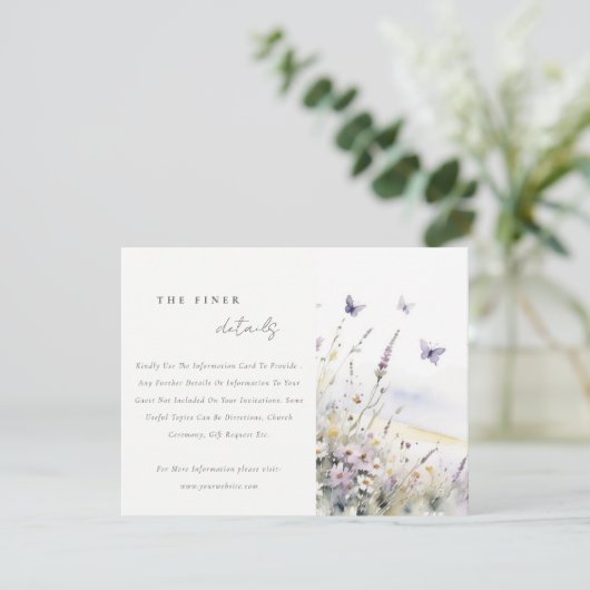 Lila Wildflower Vlinder Veldbruiloft Details Informatiekaartje (Staand voorkant)