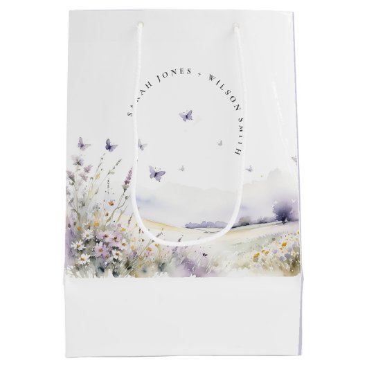 Lila Wildflower Vlinder Veldlandschap Bruiloft Medium Cadeauzakje (Achterkant)