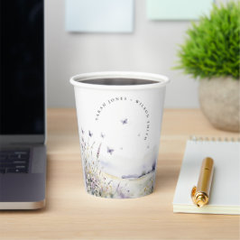 Lila Wildflower Vlinder Veldlandschap Bruiloft Papieren Bekers