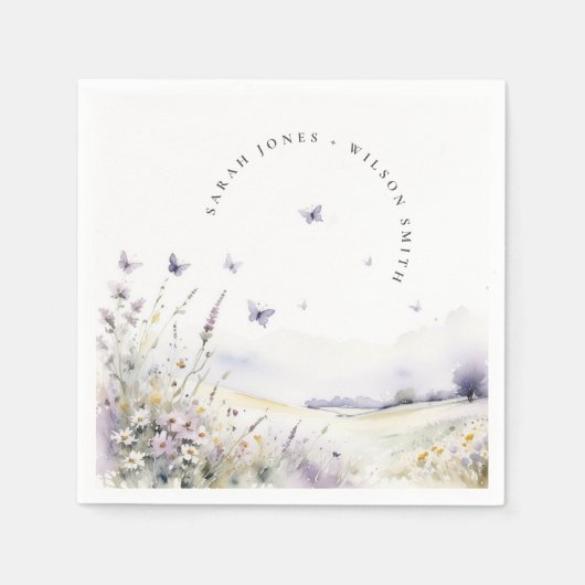 Lila Wildflower Vlinder Veldlandschap Bruiloft Servet (Voorkant)