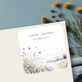 Lila Wildflower Vlinder Veldlandschap Bruiloft Vierkante Sticker