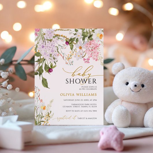 Lila Wildflowers Baby shower Invitation Kaart
