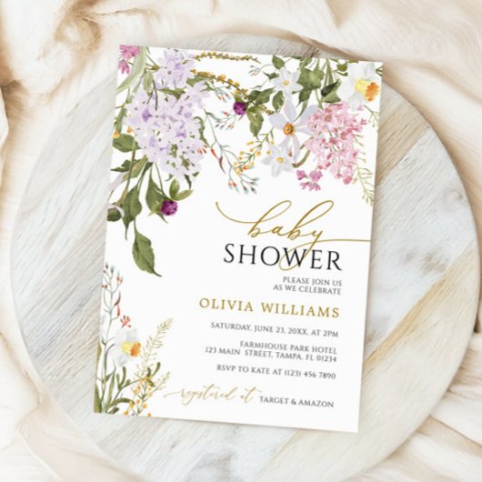 Lila Wildflowers Baby shower Invitation Kaart