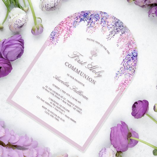 Lila Wisteria Boog Eerste Communie Acryl Uitnodigingen