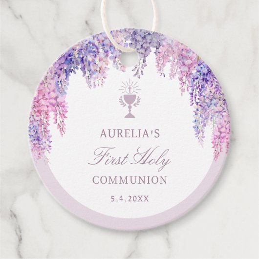 Lila Wisteria Boog Eerste Communie Bedankjes Labels (Voorkant)