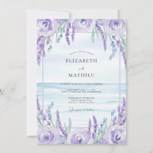 Lila Wisteria Kust Bruiloft Kaart (Voorkant)