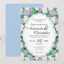 Lila & Witte Rozen Trouwuitnodiging met Blauwe Ran