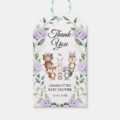 Lila Woodland Dieren die bloemen, baby Girl Cadeaulabel (Voorkant)