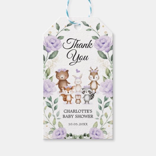 Lila Woodland Dieren die bloemen, baby Girl Cadeaulabel (Voorkant)