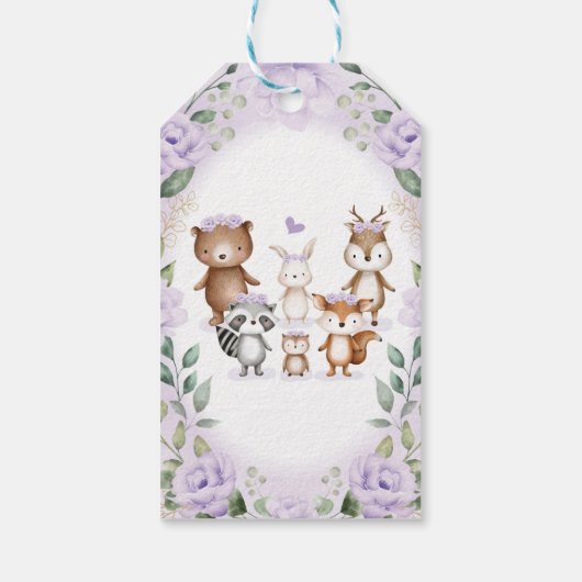 Lila Woodland Dieren die bloemen, baby Girl Cadeaulabel (Achterkant)