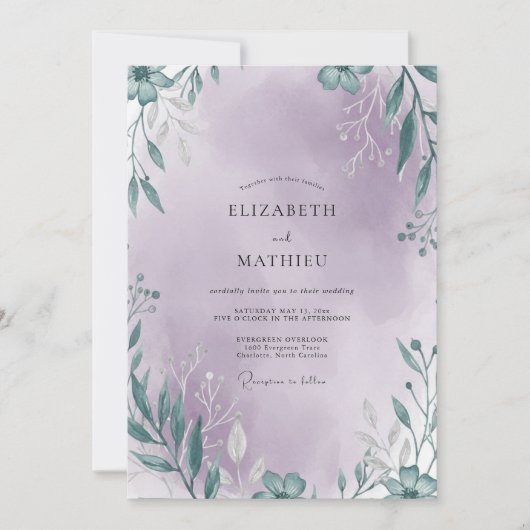 Lila Zeeschuim Blad Bruiloft Kaart (Voorkant)
