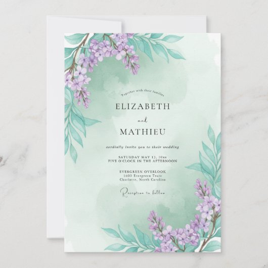 Lila Zeeschuim Tak Eucalyptus Bruiloft Kaart (Voorkant)