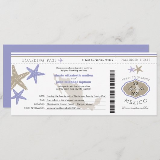 Lila zeester Mexico Boarding Pass bruiloft Kaart (Voorkant / Achterkant)