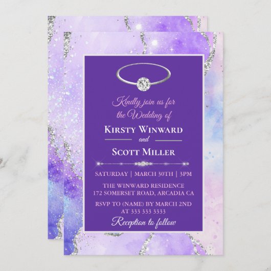 Lila zilveren glitter Agate Wedding Kaart (Voorkant / Achterkant)
