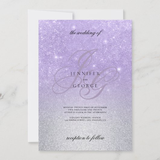 Lila zilveren monogram initiaal ombre glitter brui kaart (Voorkant)