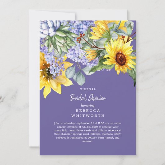 Lila & Zonnebloem Virtual Bridal Invitation Kaart (Voorkant)