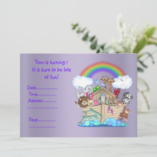 LILA ZOO 1e verjaardag Uitnodiging (Staand voorkant)