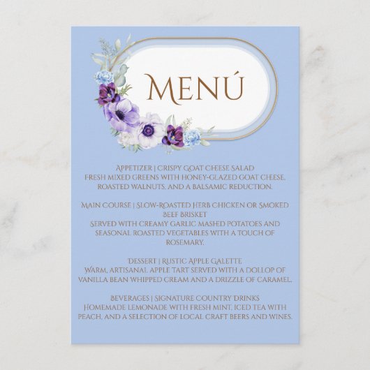 Lilac and Violet Floral Blue Oval Gold Menu (Voorkant)