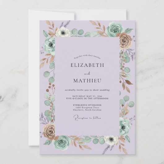 Lilac Anemone Eucalyptus Bruiloft Kaart (Voorkant)