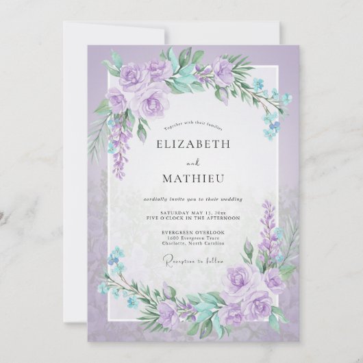 Lilac Aqua Ranunculus Grijs Eucalyptus Bruiloft Kaart (Voorkant)