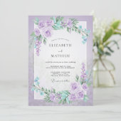 Lilac Aqua Ranunculus Grijs Eucalyptus Bruiloft Kaart (Staand voorkant)