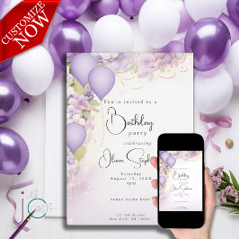Lilac Ballonnen en Bloemen QR Verjaardag Kaart
