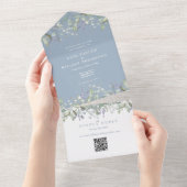 Lilac Bloemige Stofblauwe Monogram QR Code Trouwen All In One Uitnodiging (Afscheurbaar)