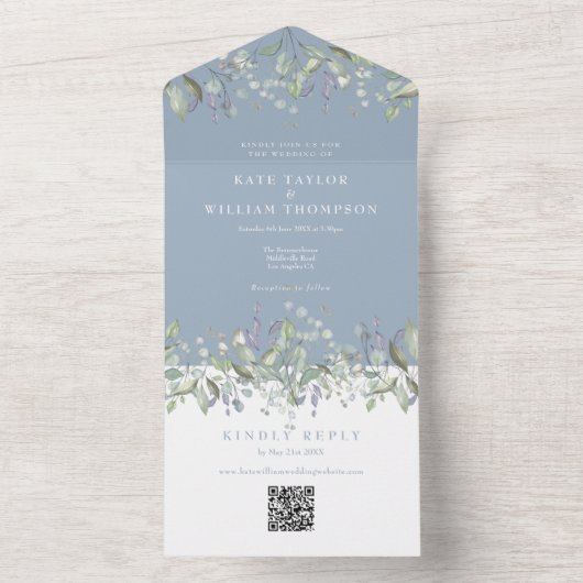 Lilac Bloemige Stofblauwe Monogram QR Code Trouwen All In One Uitnodiging (Binnen)